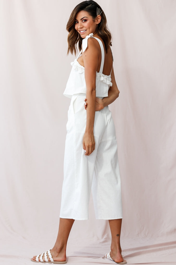 Sirocco Tassel Trim Tied Shoulder Midi Jumpsuit White by Selfie Leslie