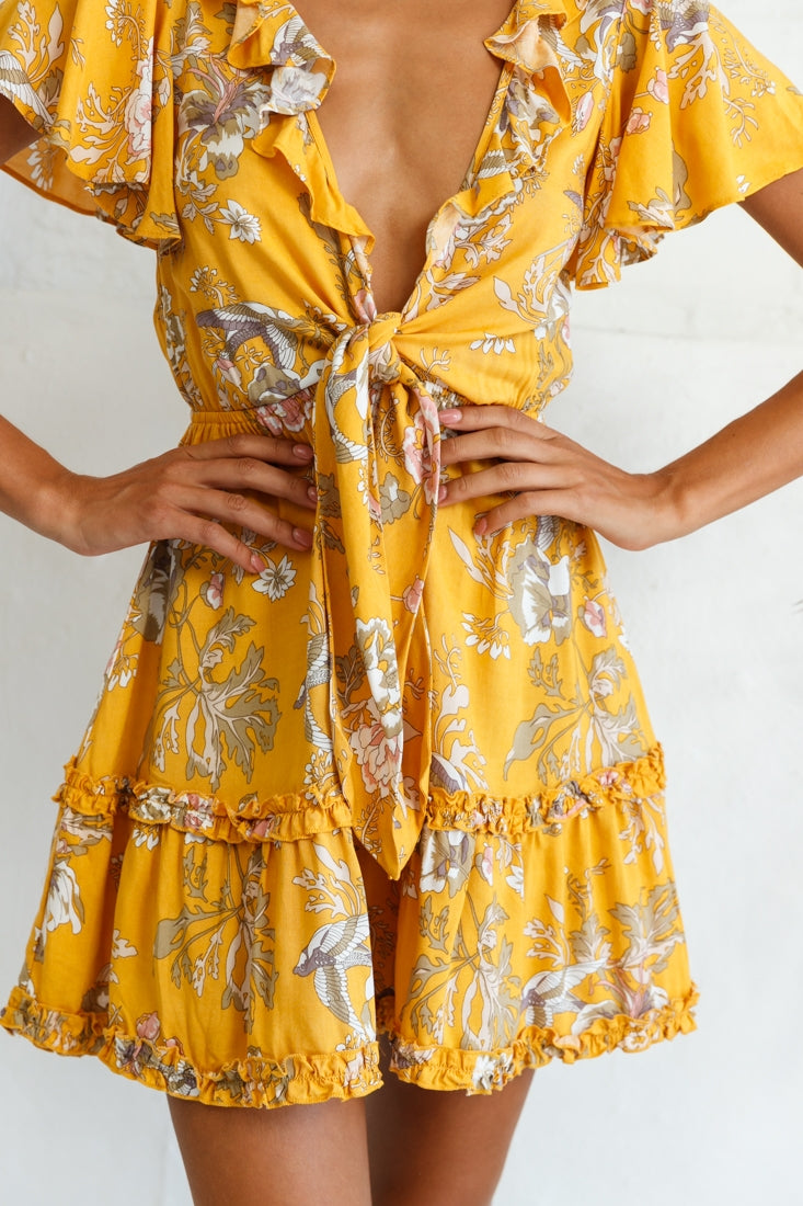 Sunny Daze Angel Sleeve Tie-Knot Bust Floral Print Dress Mustard by Selfie Leslie