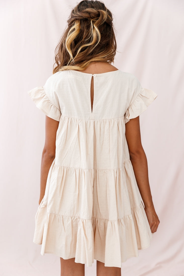Hyacinth Ruffle Sleeve Smock Dress Beige by Selfie Leslie
