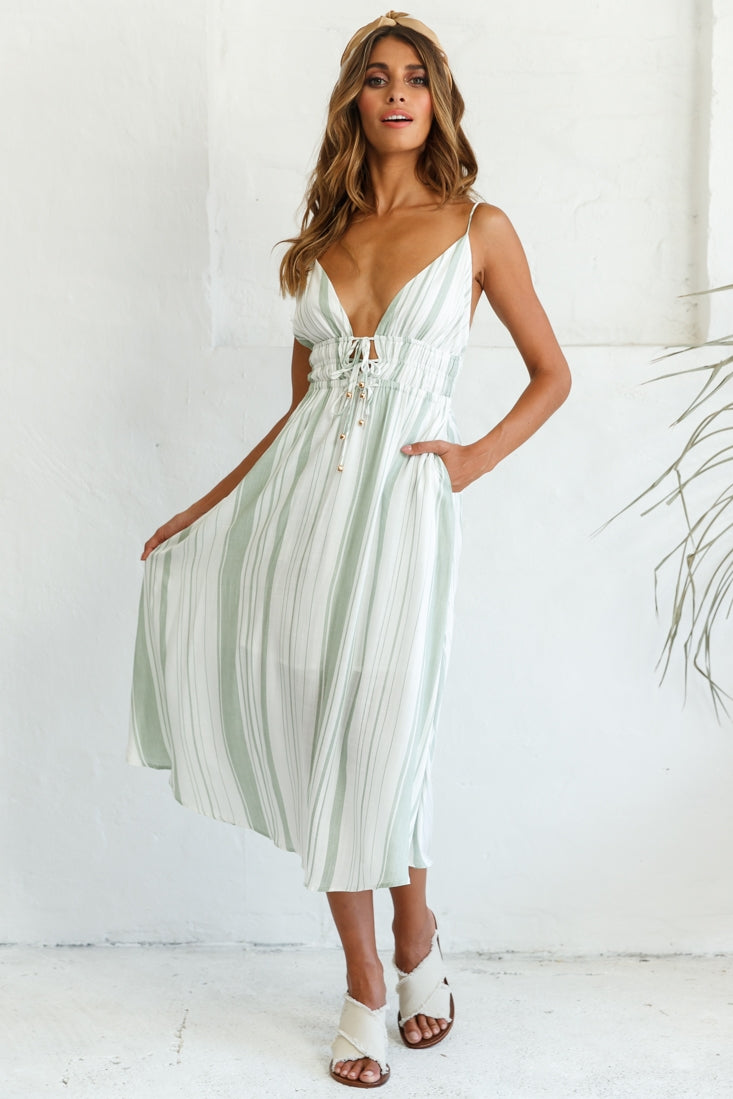 Hosanna Drawstring Detail Pocket Midi Dress Stripe Print Olive by Selfie Leslie