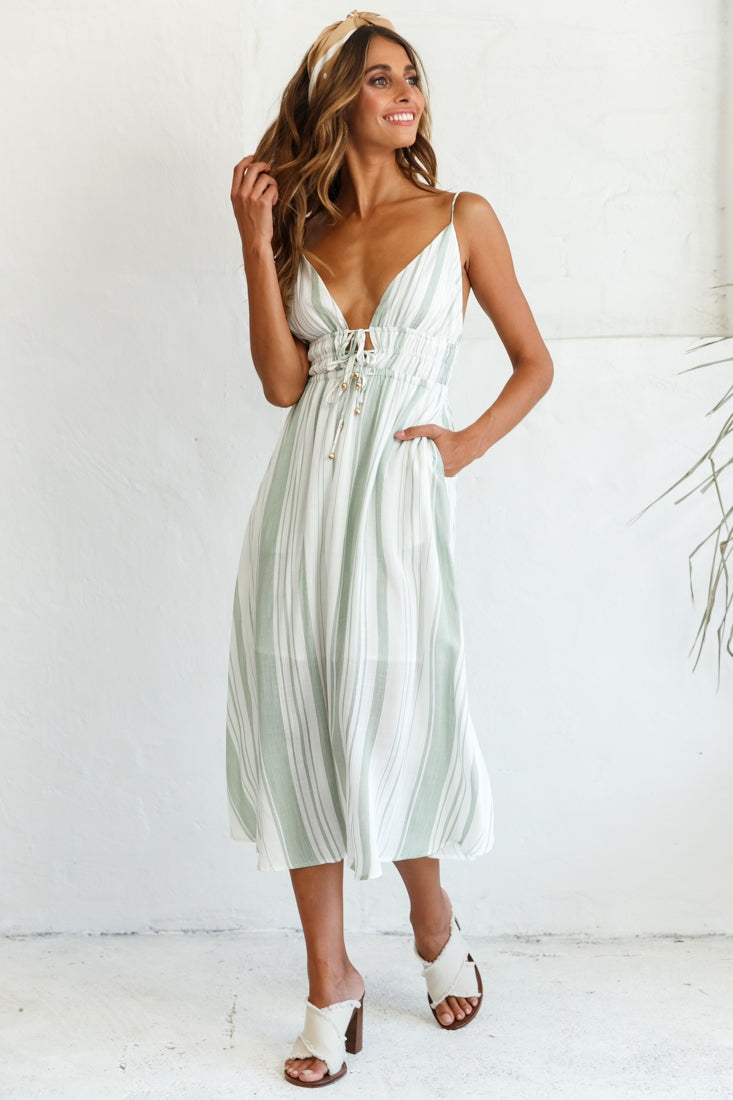 Hosanna Drawstring Detail Pocket Midi Dress Stripe Print Olive by Selfie Leslie