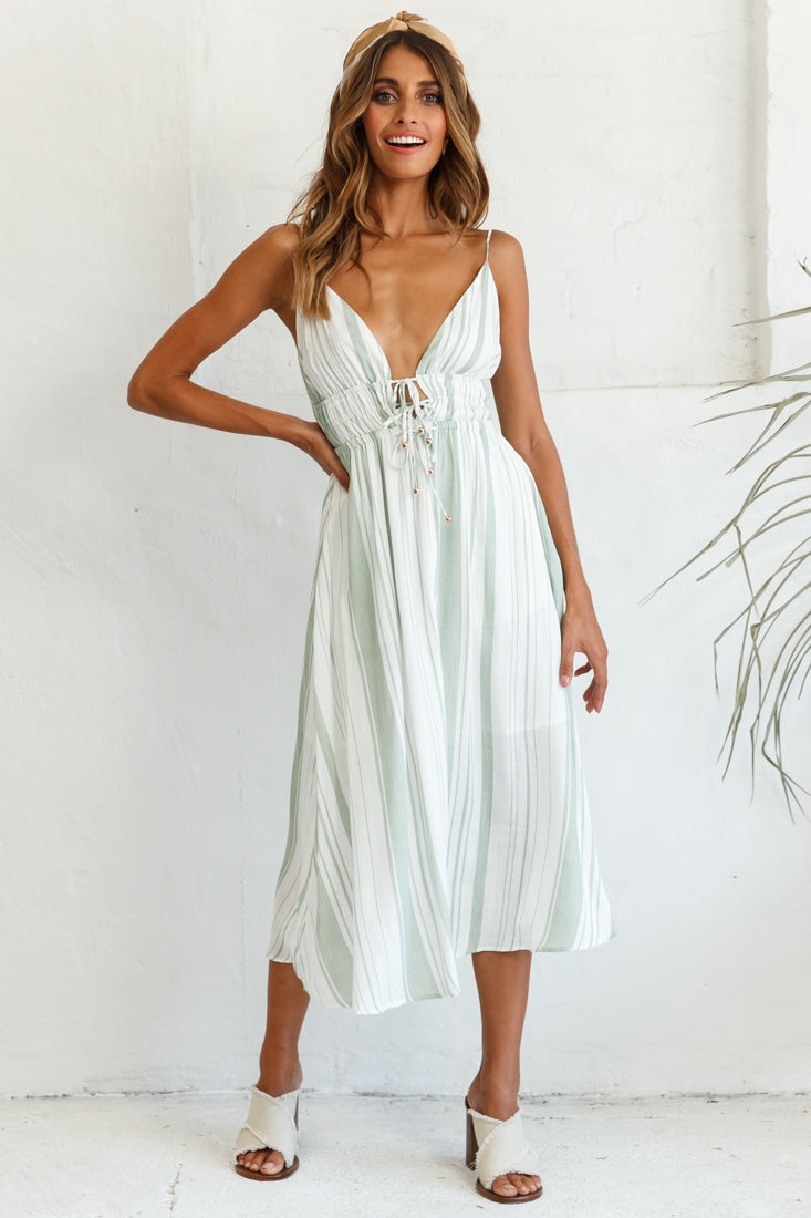 Hosanna Drawstring Detail Pocket Midi Dress Stripe Print Olive by Selfie Leslie