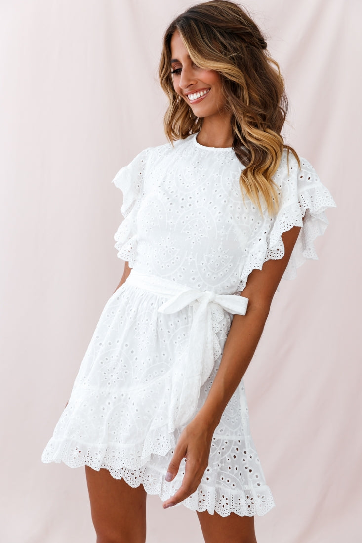 Lena Frill Detail Broderie Anglaise Dress White by Selfie Leslie
