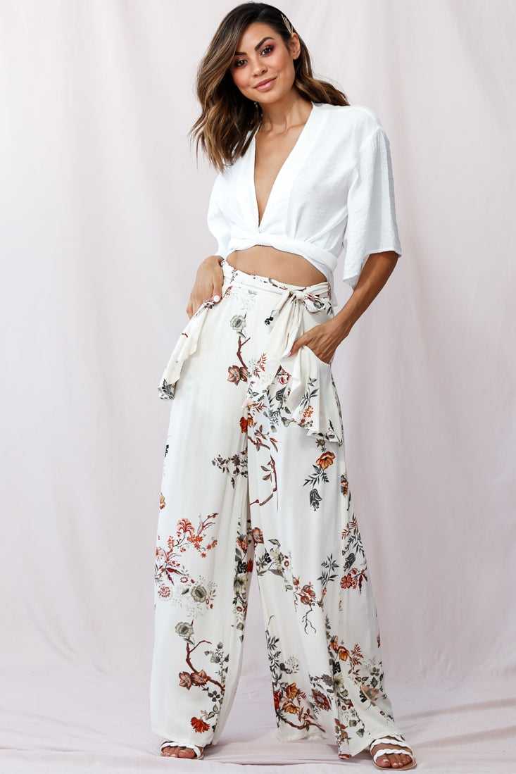 Amanda Wide-Leg Frill Detail Pants Floral Print Beige by Selfie Leslie