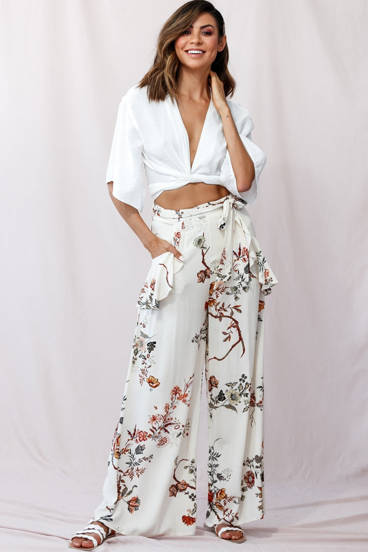 Amanda Wide-Leg Frill Detail Pants Floral Print Beige by Selfie Leslie