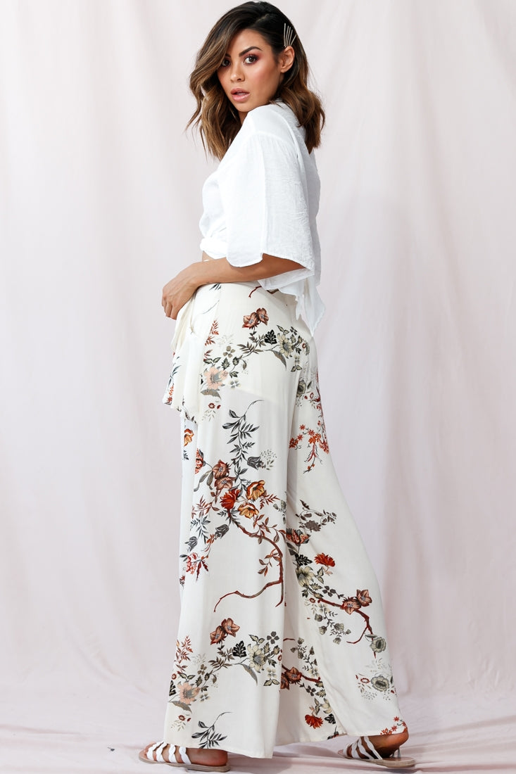 Amanda Wide-Leg Frill Detail Pants Floral Print Beige by Selfie Leslie