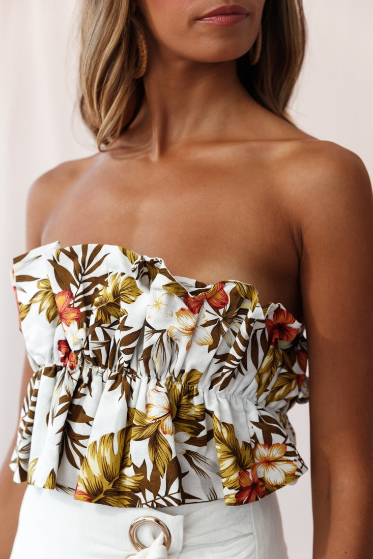 Thea Ruffle Crop Top Tropical Floral Print White by Selfie Leslie