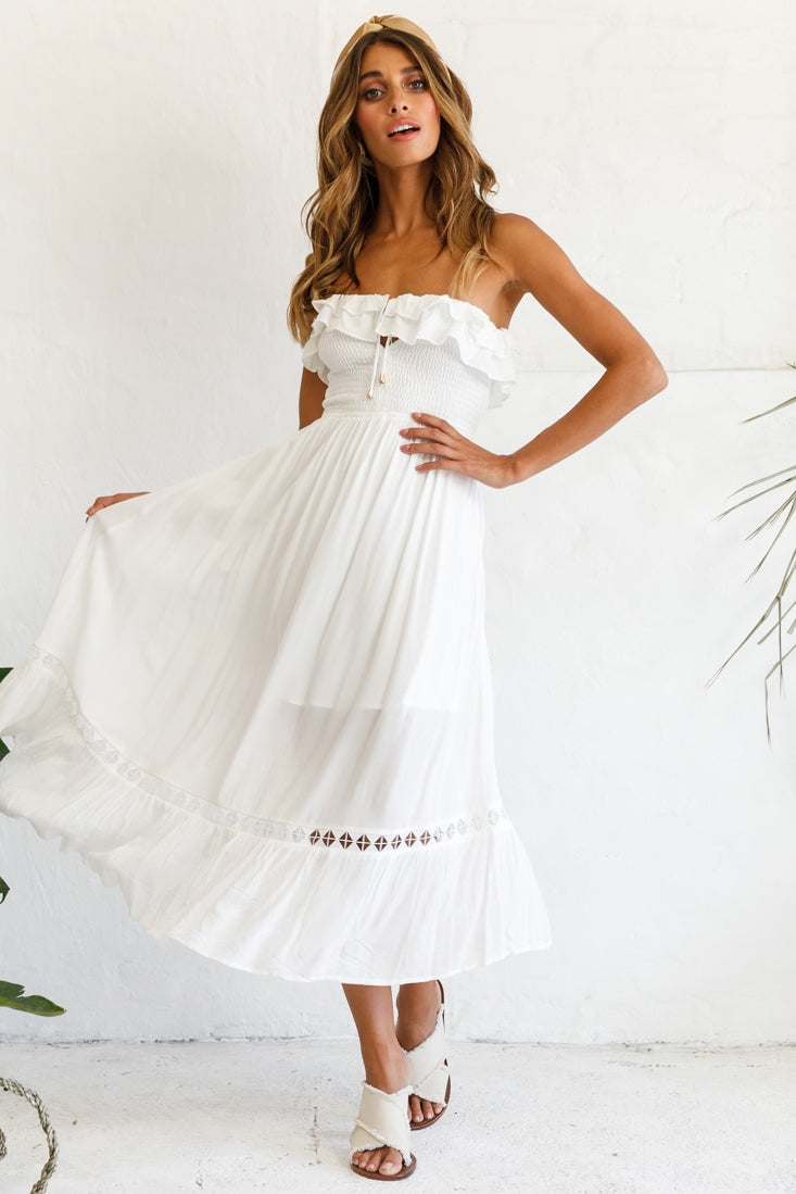 Daydream Shirred Bust Frill Trim Maxi Dress White by Selfie Leslie