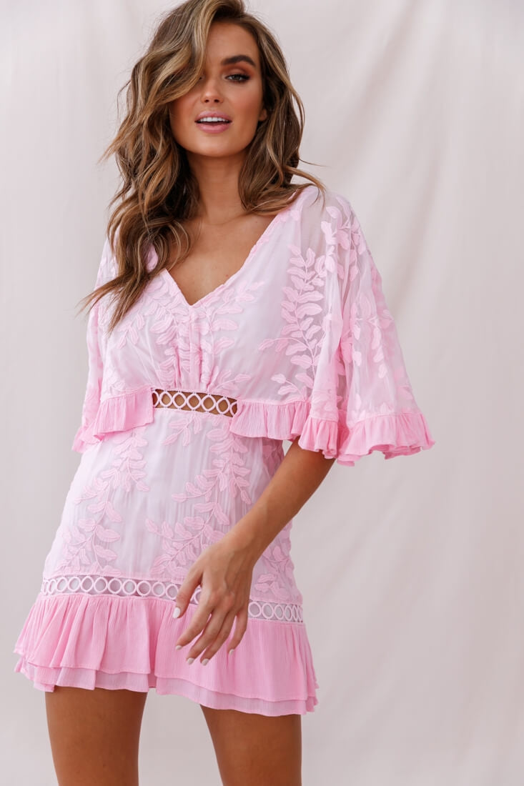 Caspar Leafy Embroidered Dress Baby Pink by Selfie Leslie