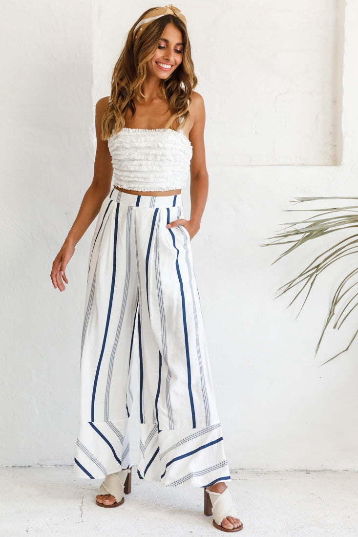 Hermosa Wide Leg Pocket Pants Stripe Print Navy by Selfie Leslie