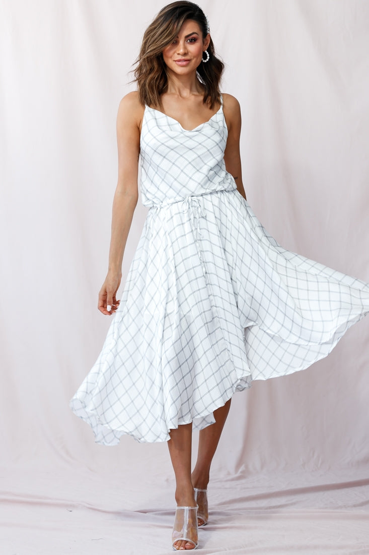 Ava Cowl Neck Drawstring Midi Dress Check Print White by Selfie Leslie