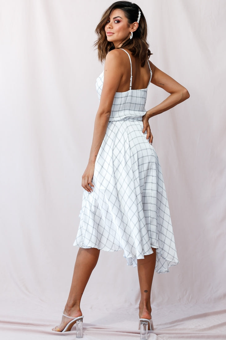 Ava Cowl Neck Drawstring Midi Dress Check Print White by Selfie Leslie