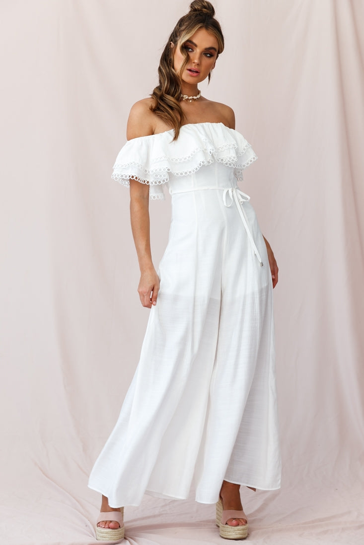 Beloved Off-Shoulder Wide Leg Jumpsuit White by Selfie Leslie