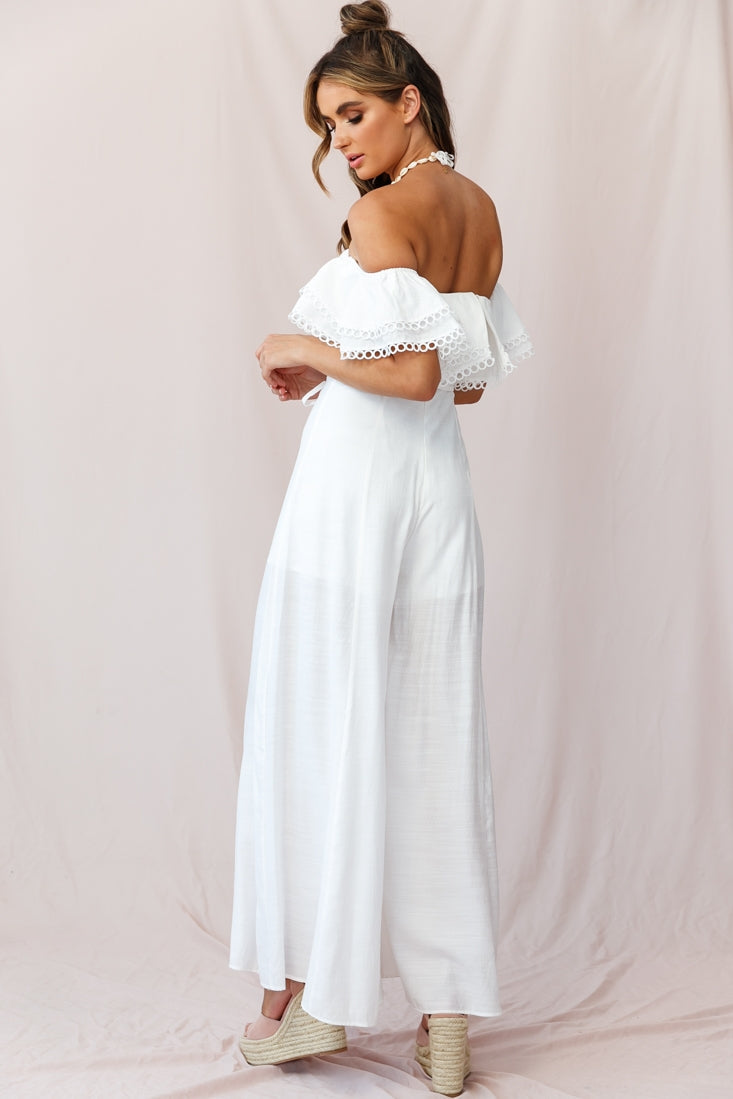 Beloved Off-Shoulder Wide Leg Jumpsuit White by Selfie Leslie