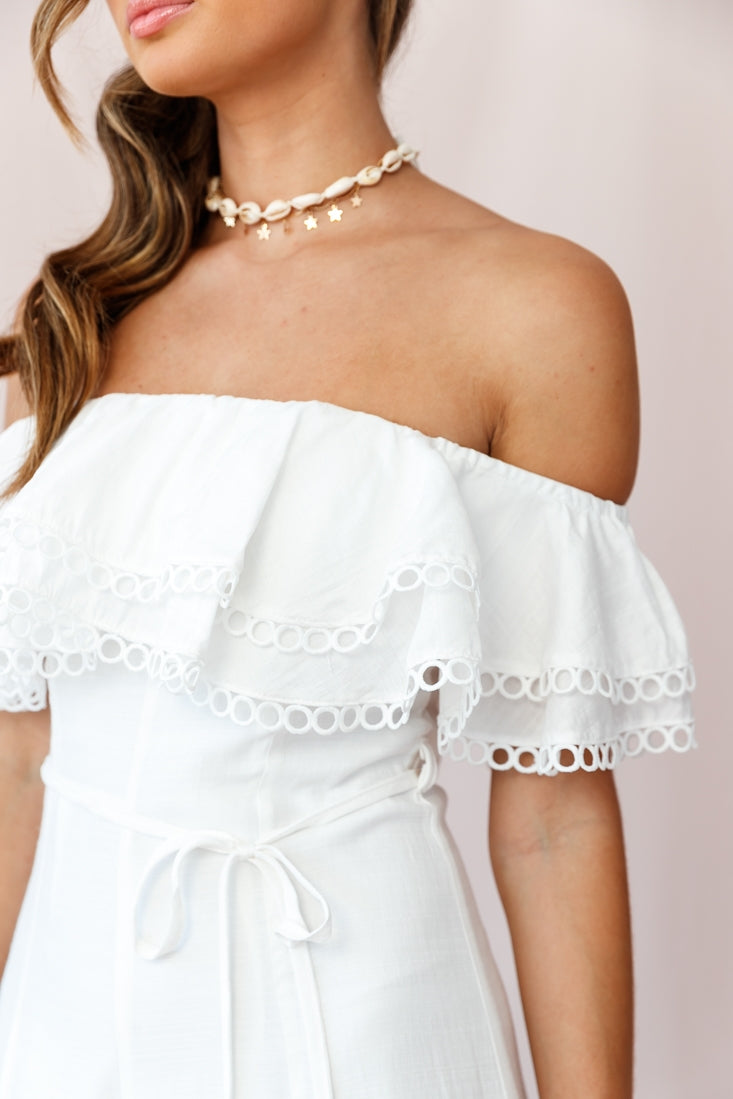 Beloved Off-Shoulder Wide Leg Jumpsuit White by Selfie Leslie