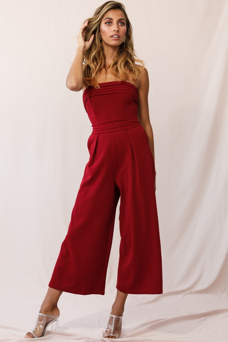 Chosen Strapless Wide Leg Jumpsuit Wine by Selfie Leslie