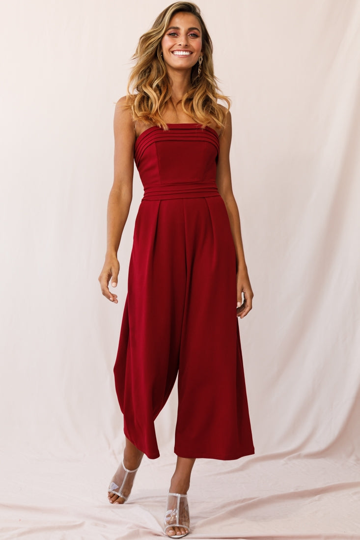 Chosen Strapless Wide Leg Jumpsuit Wine by Selfie Leslie