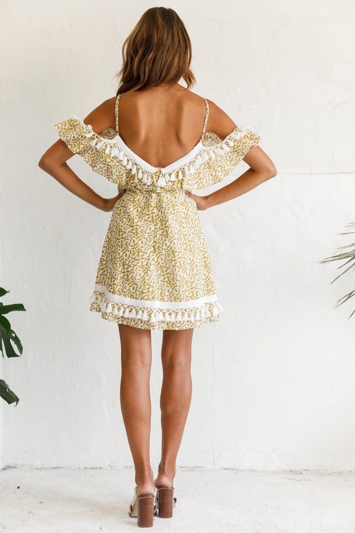 Hayman Cold-Shoulder Tassel Trim Dress Mustard Print by Selfie Leslie