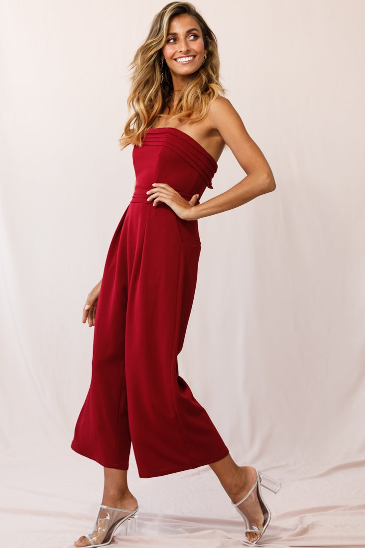 Chosen Strapless Wide Leg Jumpsuit Wine by Selfie Leslie
