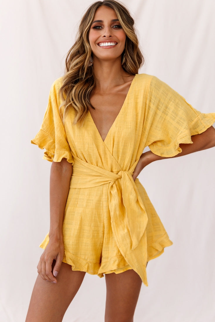 Karin Frill Trim Waist Tie Romper Mustard by Selfie Leslie