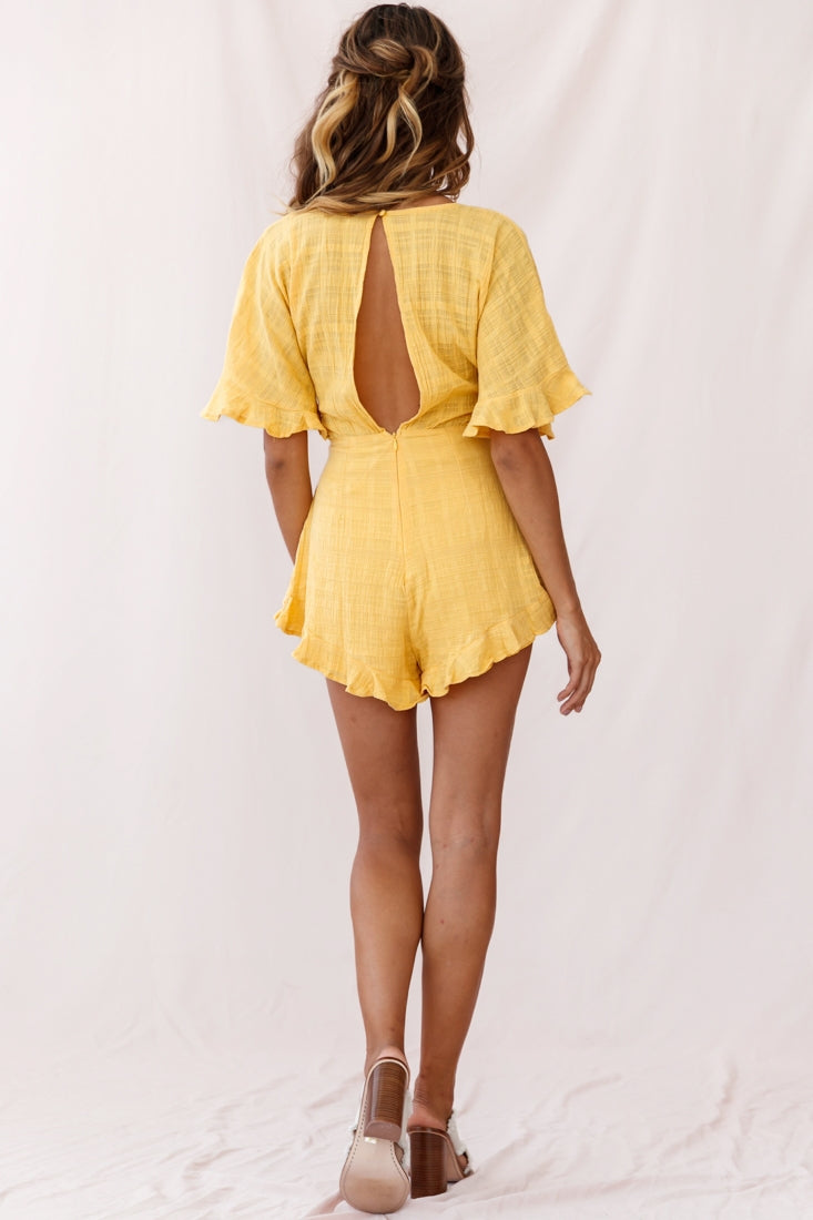 Karin Frill Trim Waist Tie Romper Mustard by Selfie Leslie