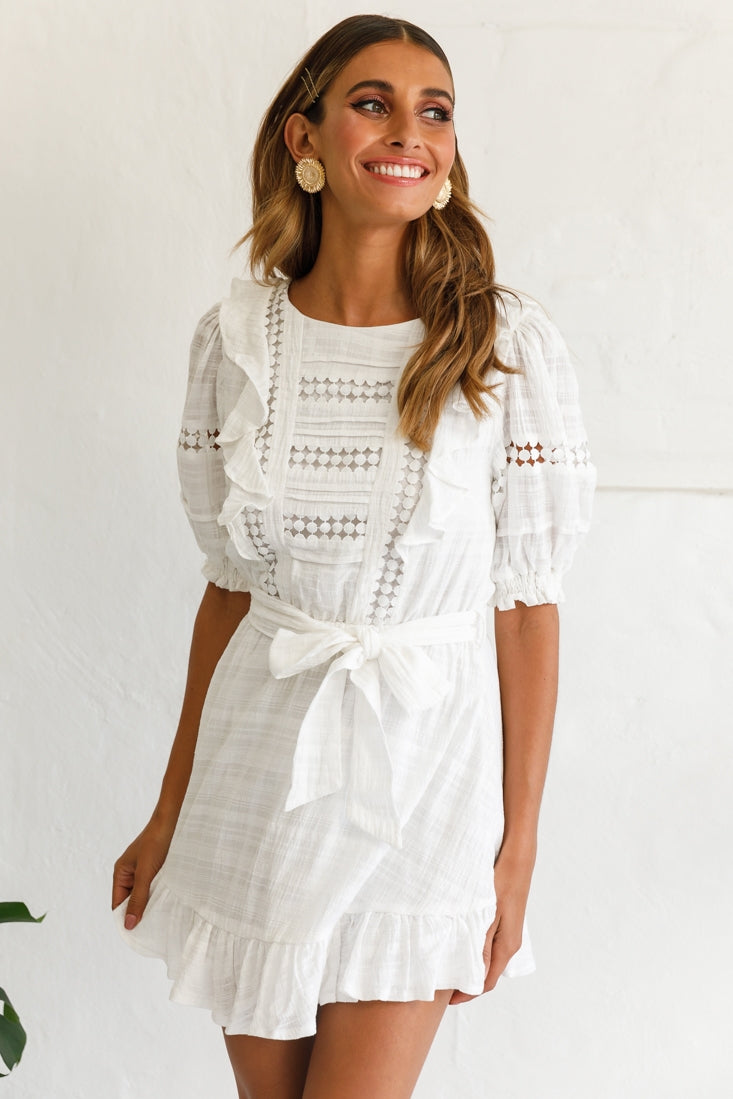 Delia Puff Sleeve Crochet Detail Dress White by Selfie Leslie