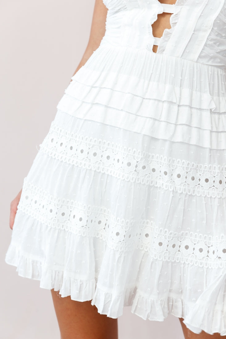 Riley Deep V-Neckline Ruffle Detail Dress White by Selfie Leslie