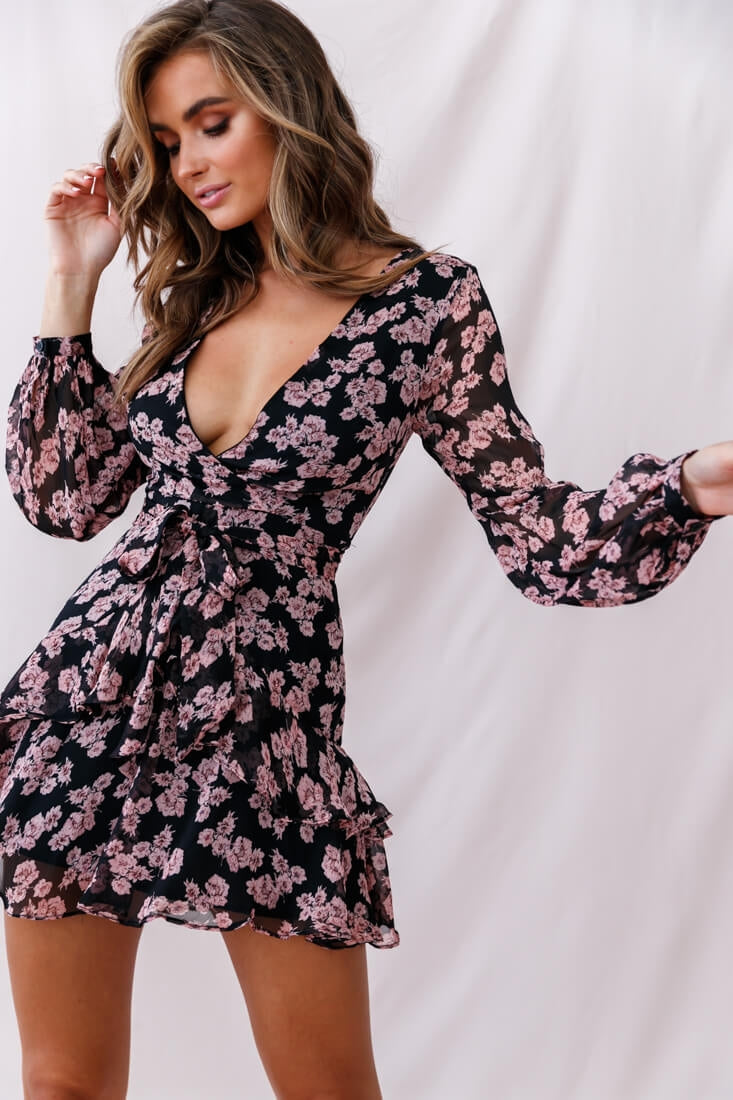 Kerry Layered Balloon Sleeve Dress Black/Pink by Selfie Leslie
