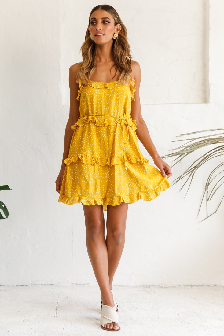 Maria Frill Trim Polka Dot Dress Mustard by Selfie Leslie
