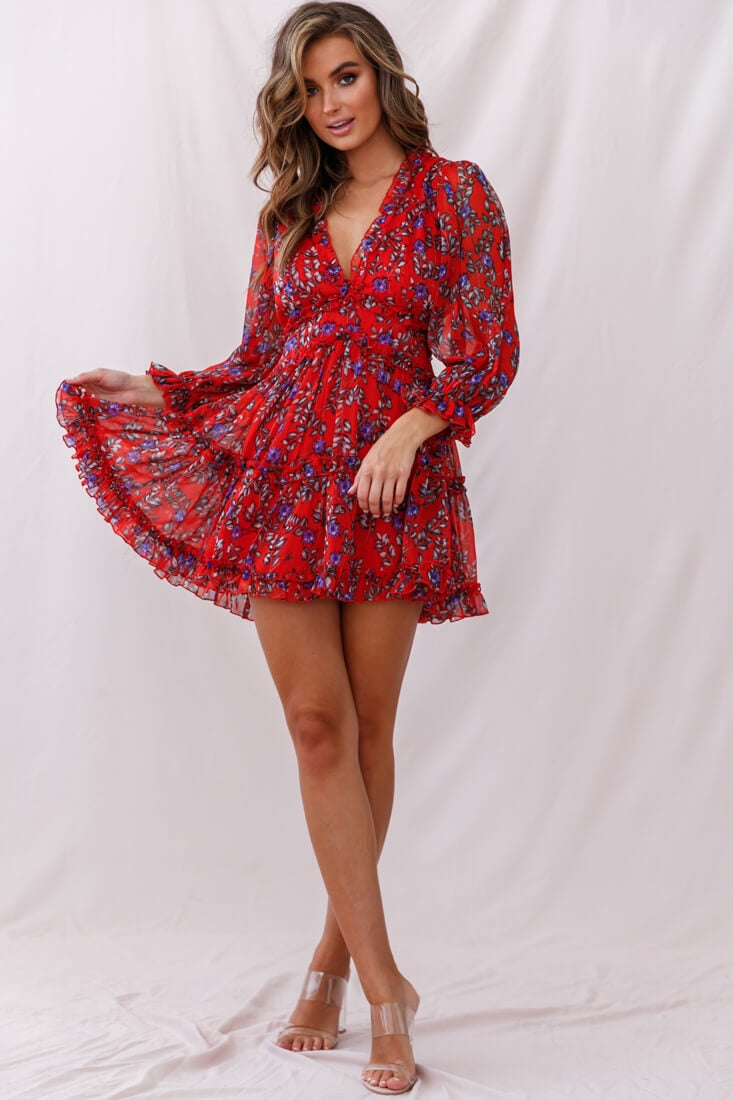 Laney Cutout Back Ruffle Trim Dress Red Floral by Selfie Leslie