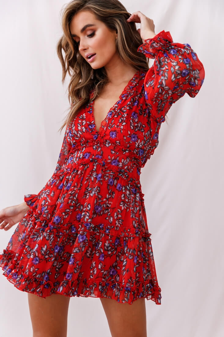 Laney Cutout Back Ruffle Trim Dress Red Floral by Selfie Leslie