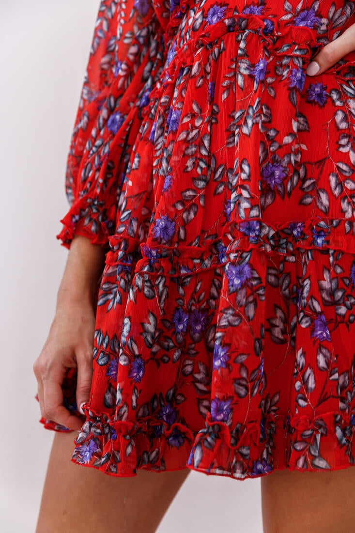 Laney Cutout Back Ruffle Trim Dress Red Floral by Selfie Leslie