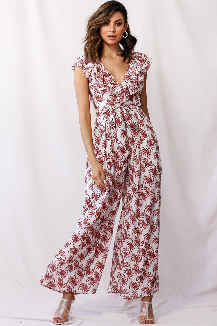 Marcia Ruffle Strap Wide Leg Jumpsuit Floral Print Beige by Selfie Leslie