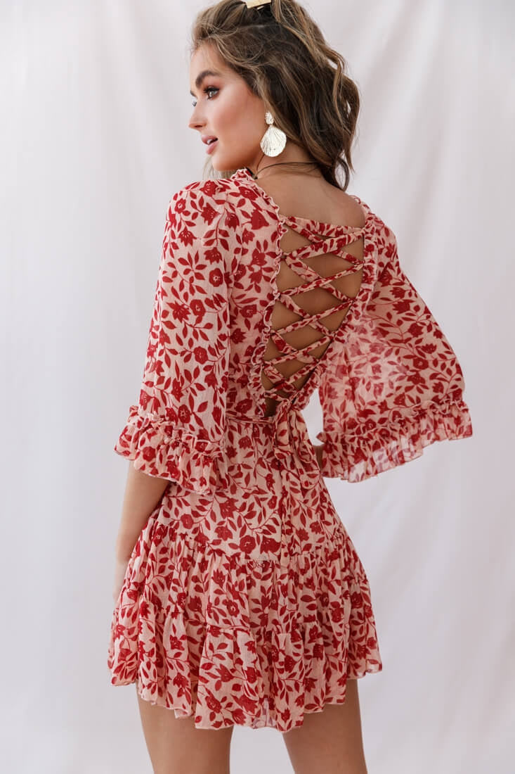 Maryanne Lace-Up Back Tea Dress Red by Selfie Leslie