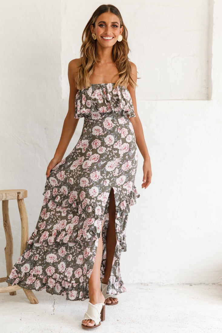 Zulu Frill Bust Front Split Maxi Dress Floral Print Olive by Selfie Leslie
