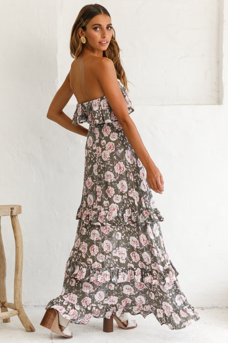 Zulu Frill Bust Front Split Maxi Dress Floral Print Olive by Selfie Leslie