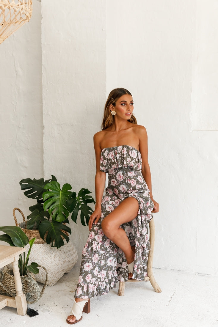 Zulu Frill Bust Front Split Maxi Dress Floral Print Olive by Selfie Leslie