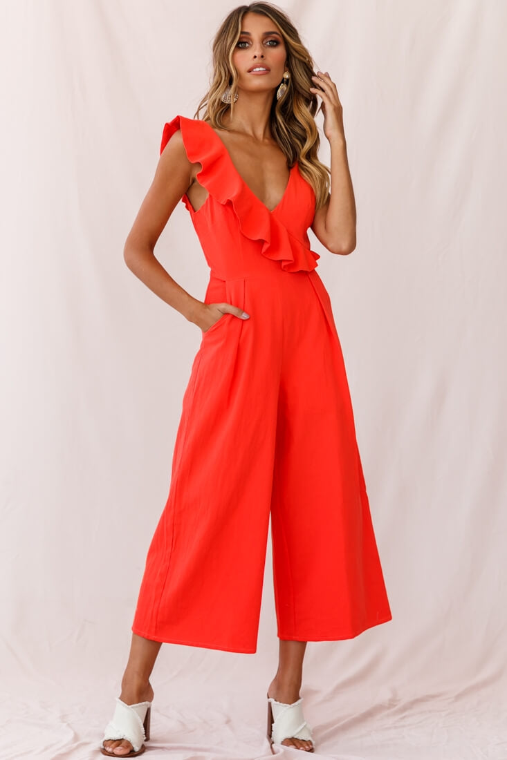 Cheryl Ruffle Strap Wide Leg Jumpsuit Tangerine by Selfie Leslie