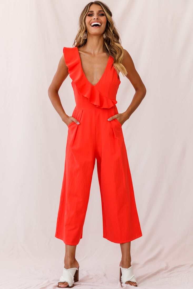 Cheryl Ruffle Strap Wide Leg Jumpsuit Tangerine by Selfie Leslie