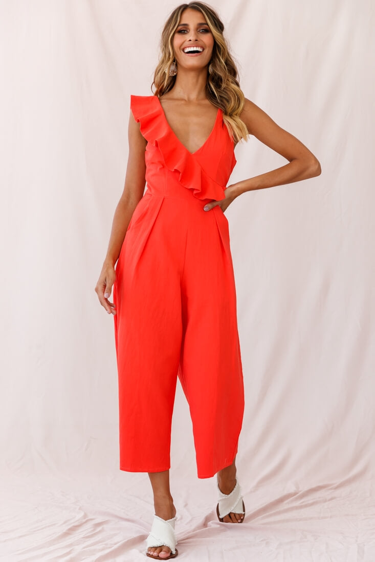 Cheryl Ruffle Strap Wide Leg Jumpsuit Tangerine by Selfie Leslie
