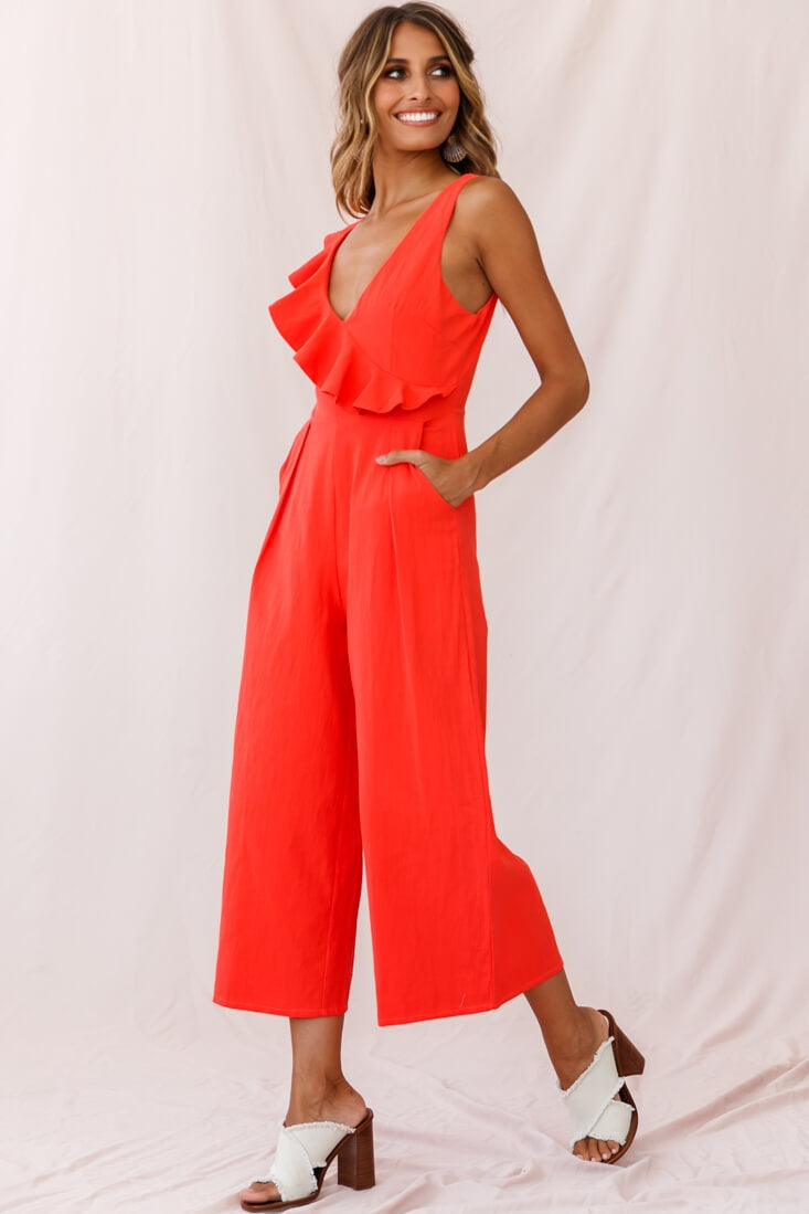Cheryl Ruffle Strap Wide Leg Jumpsuit Tangerine by Selfie Leslie