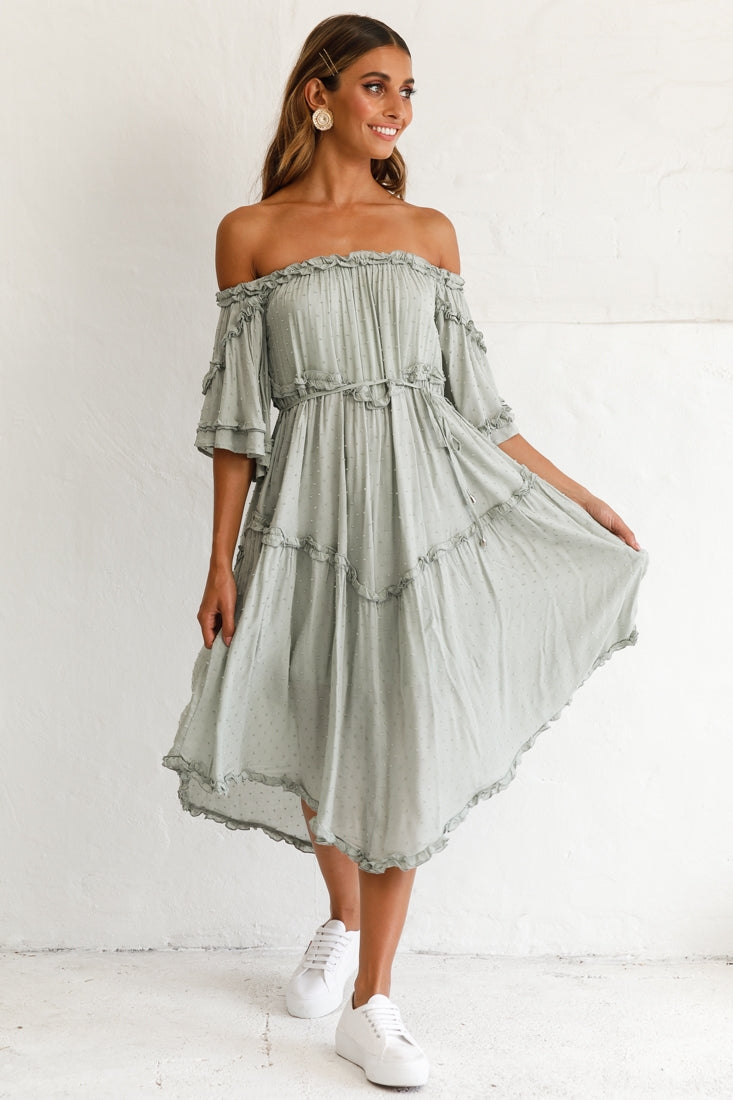 Renoir Off-Shoulder Frill Trim Midi Dress Olive by Selfie Leslie