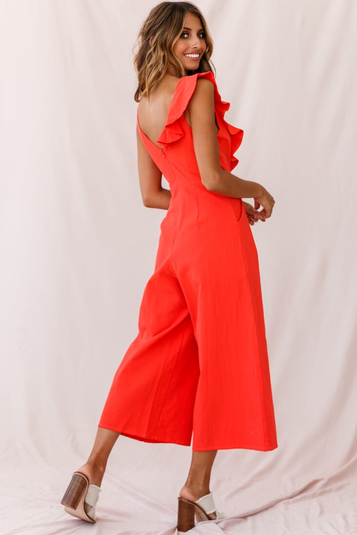 Cheryl Ruffle Strap Wide Leg Jumpsuit Tangerine by Selfie Leslie