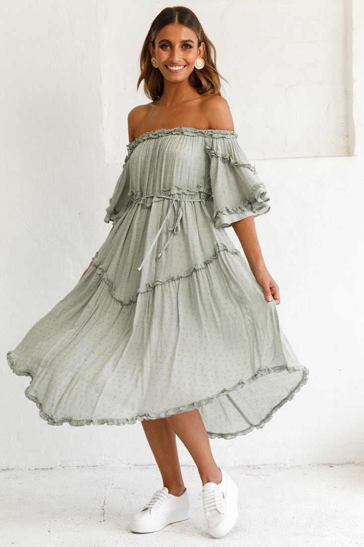 Renoir Off-Shoulder Frill Trim Midi Dress Olive by Selfie Leslie
