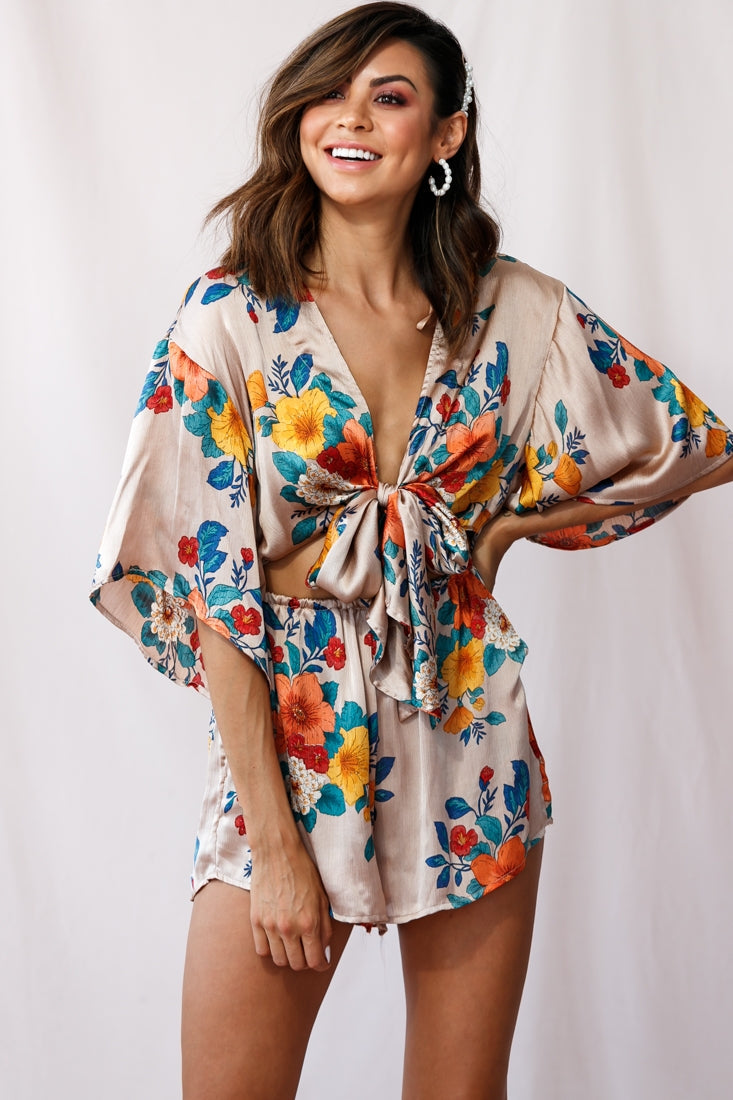 Rivera Tie-Knot Bell Sleeve Romper Mocha by Selfie Leslie
