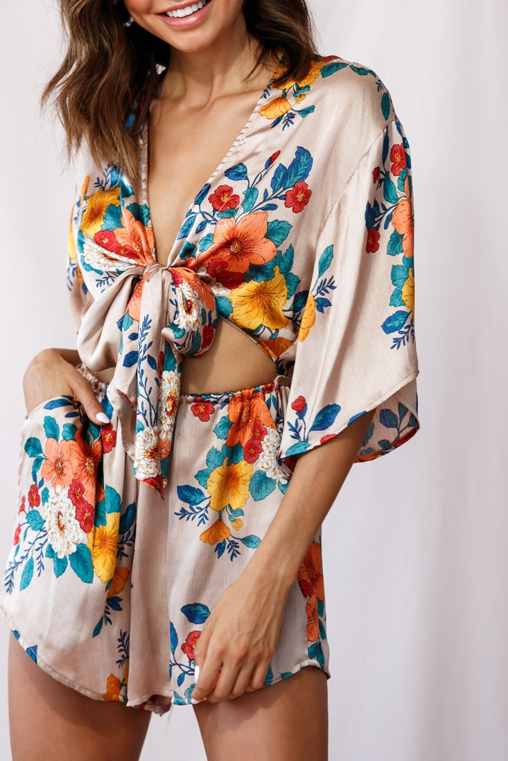 Rivera Tie-Knot Bell Sleeve Romper Mocha by Selfie Leslie
