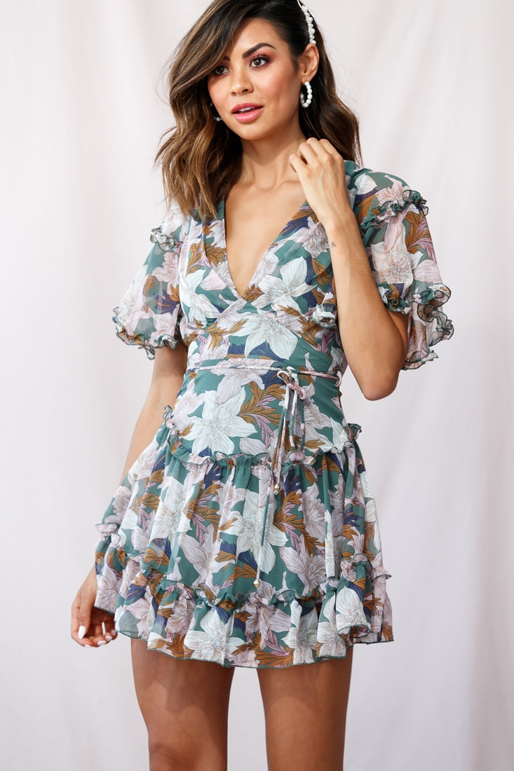 Psalm Angel Sleeve Frill Dress Olive by Selfie Leslie
