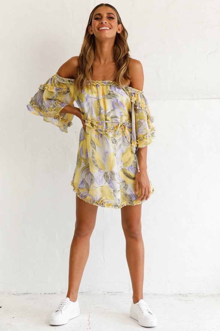 Adriel Off-Shoulder Frill Detail Dress Leaf Print White/Yellow by Selfie Leslie