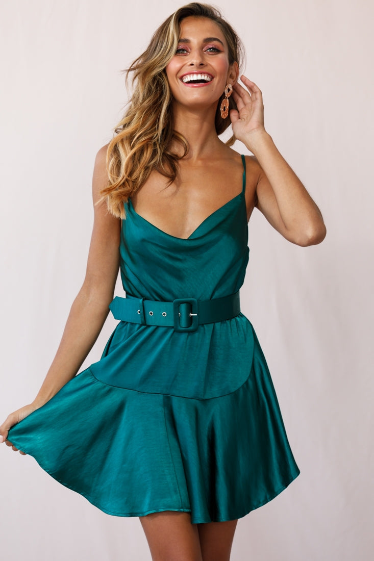 Agent 99 Belted Satin Cowl Neck Dress Forest Green by Selfie Leslie