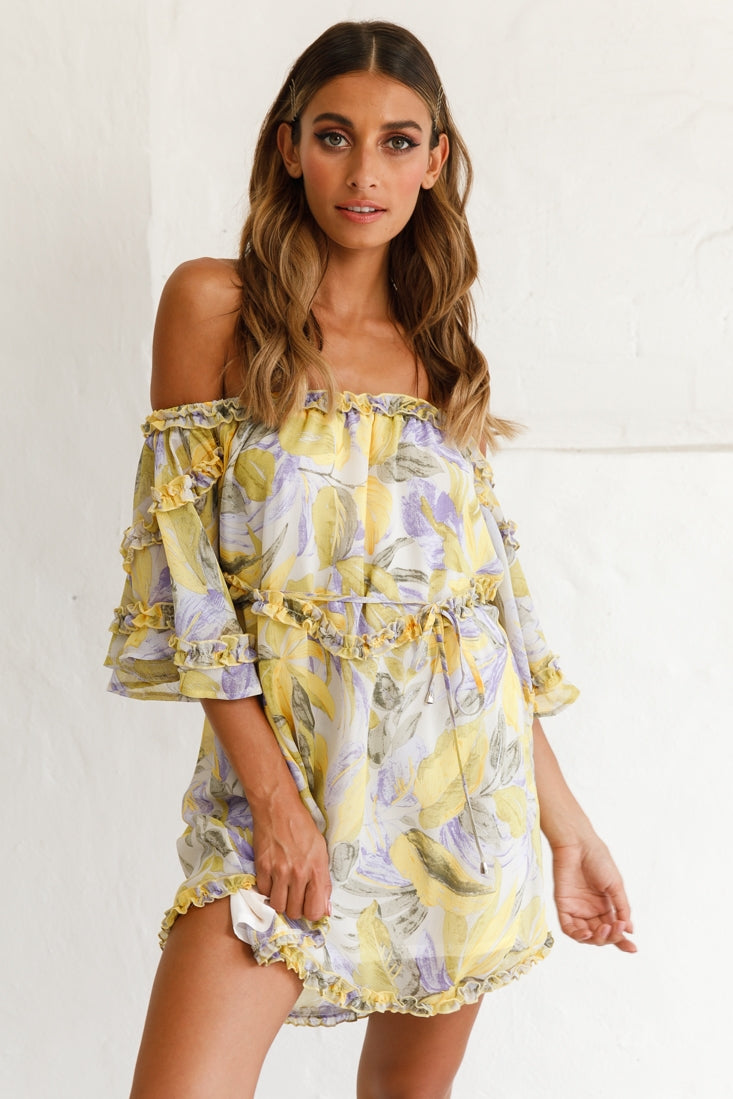 Adriel Off-Shoulder Frill Detail Dress Leaf Print White/Yellow by Selfie Leslie